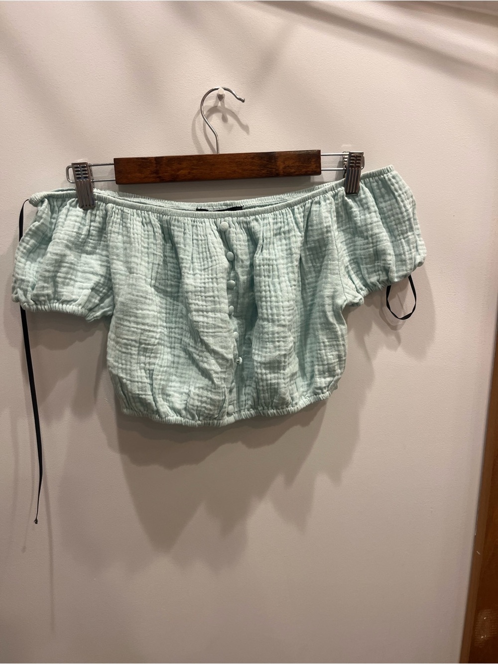 Forever 21 Mint Green Off-Shoulder Button Crop Top